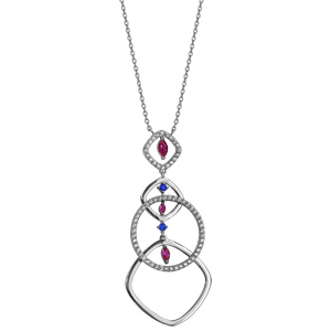 Collier en argent rhodié chaîne avec pendentif formes géométriques et pierre rose et bleue - longueur 42+3cm - Vue 2