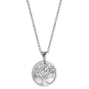 Collier en argent rhodi chane avec pendentif arbre de vie ajour fond nacre blanche vritable - longueur 40+5cm - Vue 2