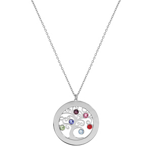 Collier en argent rhodi chane avec pendentif prnoms  graver arbre de vie 30mm orn d\'oxydes couleurs sertis 40+5cm - Vue 2