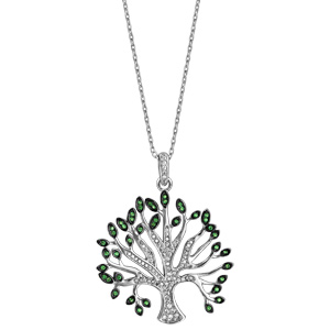 Collier en argent rhodi massif chane avec pendentif arbre de vie grand modle oxydes blancs et verts sertis 40+5cm - Vue 2