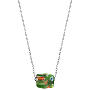 Collier en argent rhodié chaîne avec cube en verre vert - longueur 42+3cm - Vue 2