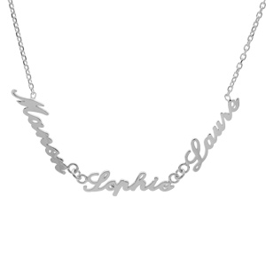 Collier en argent chane maille forat avec dcoupe anglaise 3 prnoms - longueur 40cm + 3cm de rallonge - Vue 2