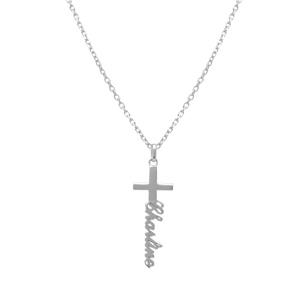 Collier en argent cgaine maille forcat prénom en découpe laser anglaise en vertical avec croix - 40cm - Vue 2