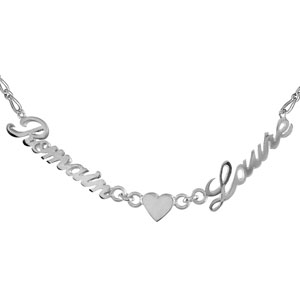 Collier en argent chane mailles 1+1 largeur 2mm avec dcoupe anglaise 2 prnoms spars par un coeur - longueur 40cm + 3cm de rallonge - Vue 2