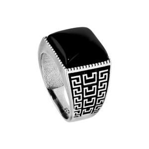 Bague en argent patiné style chevalière plateau carré en onyx véritable - Vue 2