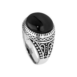 Bague en argent patin style chevalire avec plateau rond et bomb en onyx vritable - Vue 2