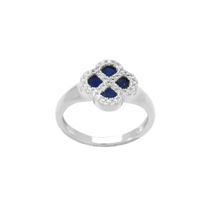 Bague en argent rhodi trfle agate vritable bleu fonc, contour d\'oxydes blancs - Vue 2