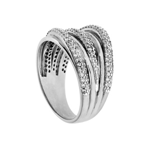 Bague en argent rhodi grande taille multi rangs lisses et avec oxydes blancs sertis - Vue 2