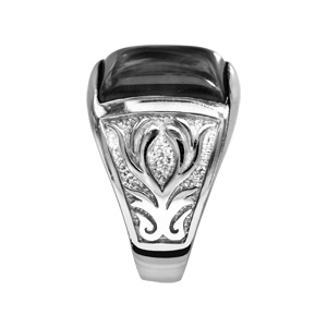 Bague en argent rhodi style Chevalire plateau rectangulaire en Agate noire - Vue 2