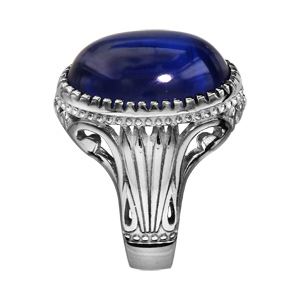 Bague en argent rhodi anneau cisel orn d\'1 grosse Agate bleue - Vue 2