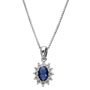 Collier en argent rhodi collection joaillerie chane avec pendentif ovale et gros oxyde bleu au centre orn de petits oxydes blancs autour formant une marguerite - Vue 2