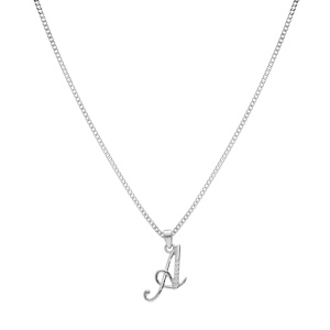 Collier avec pendentif en argent rhodi initiale A majuscule avec oxydes blancs sertis longueur 42cm + 3cm - Vue 2