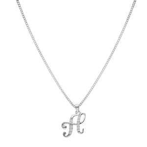 Collier avec pendentif en argent rhodi initiale H majuscule avec oxydes blancs sertis longueur 42cm + 3cm - Vue 2