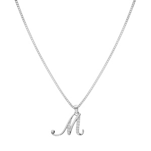 Collier avec pendentif en argent rhodi initiale M majuscule avec oxydes blancs sertis longueur 42cm + 3cm - Vue 2