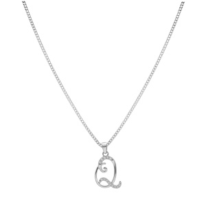 Collier avec pendentif en argent rhodi initiale Q majuscule avec oxydes blancs sertis longueur 42cm + 3cm - Vue 2