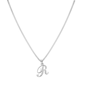 Collier avec pendentif en argent rhodi initiale R majuscule avec oxydes blancs sertis longueur 42cm + 3cm - Vue 2