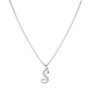 Collier avec pendentif en argent rhodi initiale S majuscule avec oxydes blancs sertis longueur 42cm + 3cm - Vue 2