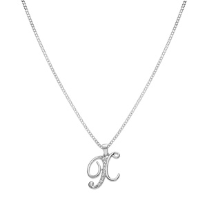 Collier avec pendentif en argent rhodi initiale X majuscule avec oxydes blancs sertis longueur 42cm + 3cm - Vue 2
