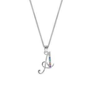 Collier en argent rhodi chane avec pendentif initiale A et oxydes multi couleurs sertis 42+3cm - Vue 2