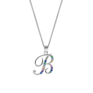 Collier en argent rhodi chane avec pendentif initiale B et oxydes multi couleurs sertis 42+3cm - Vue 2