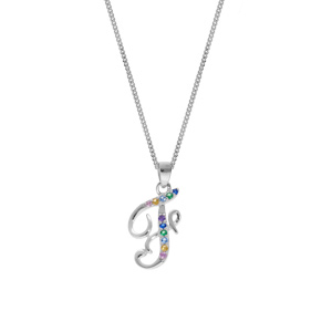 Collier en argent rhodi chane avec pendentif initiale F et oxydes multi couleurs sertis 42+3cm - Vue 2