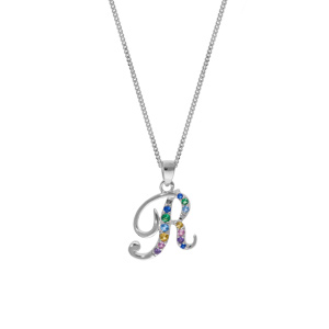 Collier en argent rhodi chane avec pendentif initiale R et oxydes multi couleurs sertis 42+3cm - Vue 2