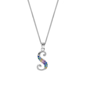 Collier en argent rhodi chane avec pendentif initiale S et oxydes multi couleurs sertis 42+3cm - Vue 2