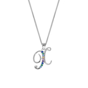 Collier en argent rhodi chane avec pendentif initiale X et oxydes multi couleurs sertis 42+3cm - Vue 2