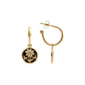 Boucles d\'oreille Stella Mia ronde en acier doré jaune ronde résine noire fleur - Vue 2