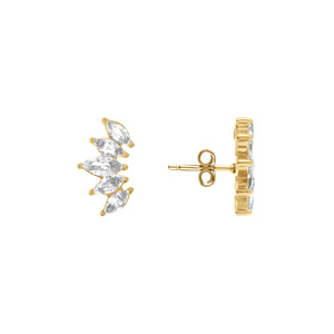 Boucles d\'oreille navette en acier dor avec oxydes blancs sertis - Vue 2