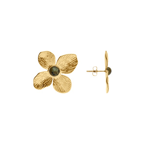 Boucles d\'oreille tige en acier doré jaune fleur avec au centre turquoise africaine reconstituée - Vue 2