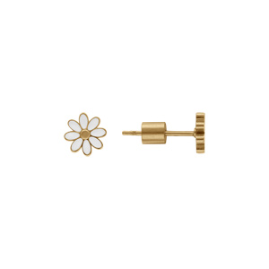 Boucles d\'oreille tige en acier doré fleur avec pétales en résine blanche - Vue 2