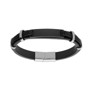Bracelet en acier et cuir noir avec plaque  graver 19cm+1cm double fermoir - Vue 2