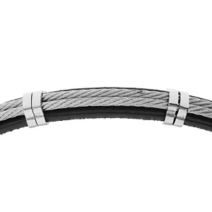 Bracelet en acier et cuir noir double câble gris double fermoir aimanté - Vue 2