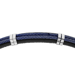 Bracelet en acier et cuir noir double cble bleu double fermoir aimant - Vue 2