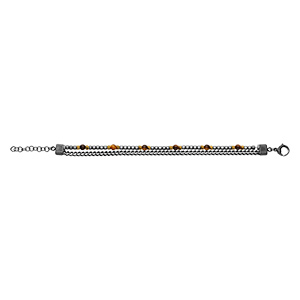 Bracelet en acier 2 rangs maille plate et cubes Hématites et boules facettées Oeil de Tigre marron 18+3cm - Vue 2