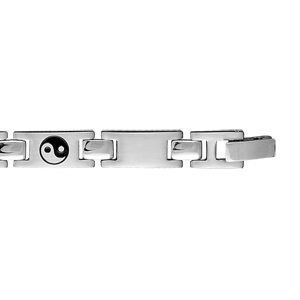 Bracelet en acier alternance de maillons lisses et avec Yin & Yang en rsine noire - longueur 21cm rglable - Vue 2