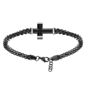 Bracelet en acier PVD noir maille gourmette avec croix PVD noir et gris - 19.5+3cm - Vue 2