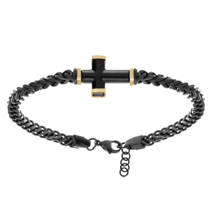 Bracelet en acier PVD noir maille gourmette avec croix PVD noir et dore - 19.5+3cm - Vue 2