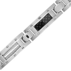 Bracelet en acier alternance de maillons ajours et orns de 2 cbles gris et avec vis sur les bords et maillons avec carbone motif tress et vis sur les bords - longueur 19cm + 1,5cm rglable par double fermoir - Vue 2