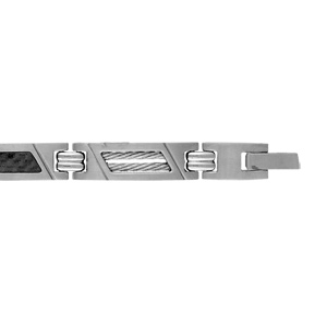 Bracelet en acier alternance de longs maillons ajours en biais et orns de 2 cbles gris et longs maillons avec milieu en carbone motif tress en biais - longueur 19cm + 1,5cm rglable par double fermoir - Vue 2