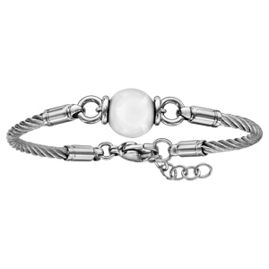 Bracelet en acier câble avec 1 boule en céramique blanche au milieu - longueur 18cm + 2cm de rallonge - Vue 2