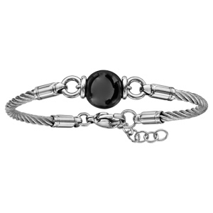 Bracelet en acier cble avec 1 boule en cramique noire au milieu - longueur 18cm + 2cm de rallonge - Vue 2