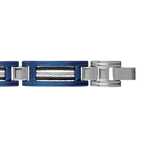Bracelet en acier et PVD bleu maillons orns de 3 cbles, 2 noirs et 1 gris alterns - longueur 21,5cm + 1cm rglable par double fermoir - Vue 2