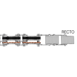 Bracelet réversible en acier 1 côté maillons en 2 rangs, 1 en PVD noir avec bords lisses et l\'autre avec filet en PVD rose et l\'autre côté avec 1 rang en PVD noir avec bords lisses et l\'autre lisse - longueur 20,5cm réglable - Vue 2