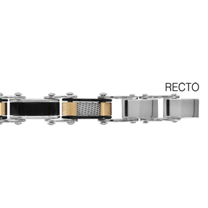 Bracelet réversible en acier 1 côté alternance de maillons en PVD noir et maillons avec PVD jaune, quadrillage et l\'autre côté alternance de maillons lisses et maillons en PVD noir avec méandre grec gravé - longueur 20cm réglable - Vue 2