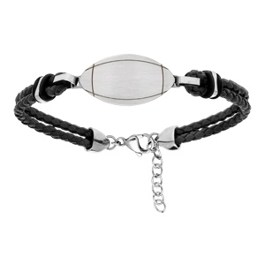 Bracelet junior en acier et cuir double rang noir avec ballon de rugby 16+3cm - Vue 2