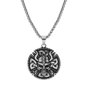 Collier en acier chane avec gros pendentif patin rond Viking 45mm tte de mort 52+5cm - Vue 2