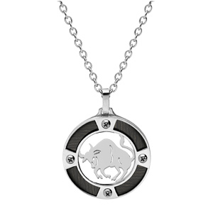 Collier en acier chane avec pendentif rond zodiaque Taureau aspect bois noir et vis cruciforme 50+5cm - Vue 2