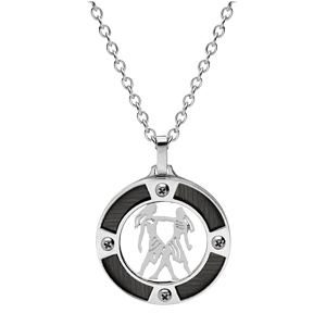 Collier en acier chane avec pendentif rond zodiaque Gmeaux aspect bois noir et vis cruciforme 50+5cm - Vue 2